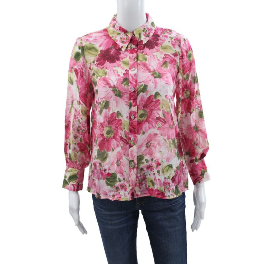 Zara Women Pink Floral Collared Button Long Sleeve Blouse Size XS